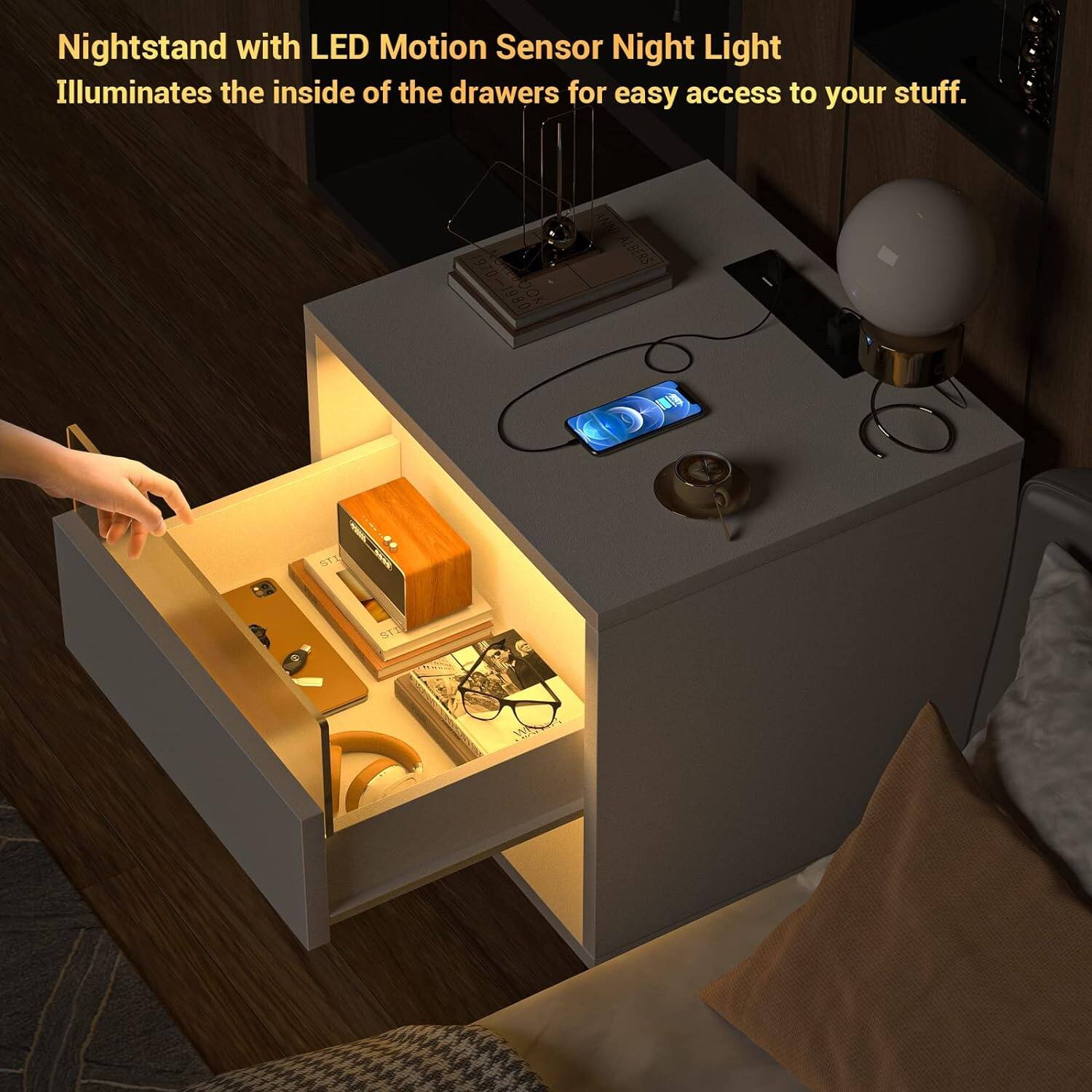 Nightstand with Charging Station and LED Light, Bedside Table 17"D x 18